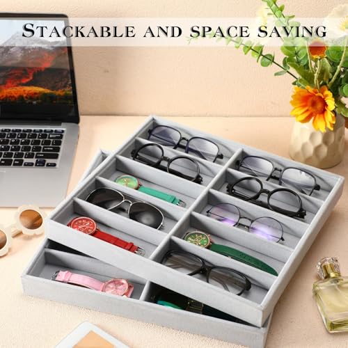 Batiyeer Sunglasses Organizer Storage Tray 10 Grids Eyewear Watch Holder Display Stackable Ice Velvet Tray Women (Gray,2 Pcs) - color: Gray