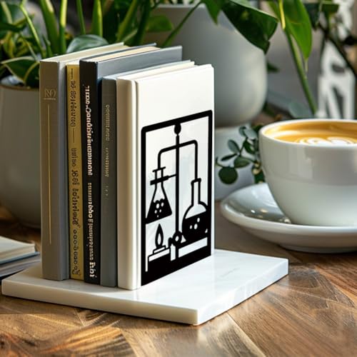 Peacoblue Metal Bookends for Shelves, Modern Decorative Heavy Duty Study Book Support Stoppers for Office, Desk, Shelf, Room 5.3"x4.3"x7.9" Cast Iron Bookends, 1 Pair (Chemistry and Lab Bottles) - style: Chemistry and Lab Bottles