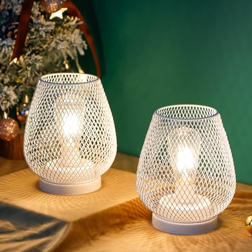 JHY DESIGN Set of 2 Metal Cage LED Lanterns Battery Powered Cordless Accent Light with LED Great for Weddings Parties Patio Events for Indoors Outdoors(White) - style: Set of two White egg