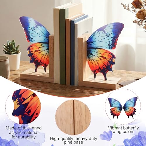 Decorative Butterfly Bookends Wooden Acrylic Butterflys Bookend Modern Bookshelf Decor Accent Book Stopper Decor for Home Farmhouse Shelves Office Lover Gift(Aglais Butterfly) - style: Aglais Butterfly