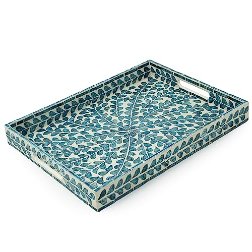 CLAYNIX Serving Tray 15.7" X11.8", Lacquer Mother of Pearl Inlay Mosaic Tray, Rectangle Wooden Marble Tray with Handles Trays for Tea, Breakfast in Bed, Table (Blue) - color: Leaf Style