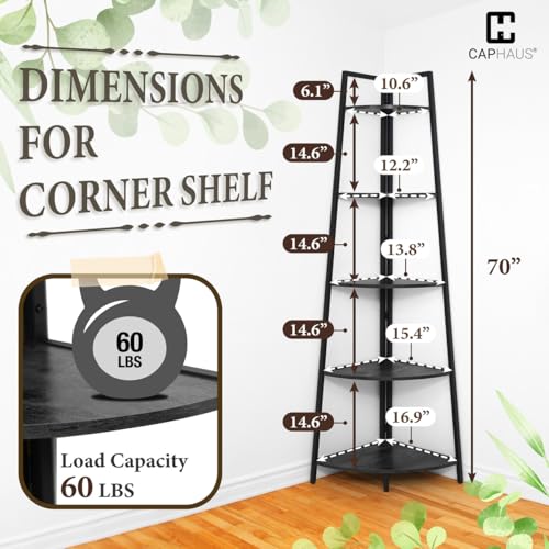 CAPHAUS Tall Corner Shelf Stand, 5-Tier Display Shelves, Ladder Corner Wood Storage Plant Bookshelf with Metal Frame, Versatile Shelving Unit Bookcase for Home Office Space, Black - color: Black, size: 5-Tier