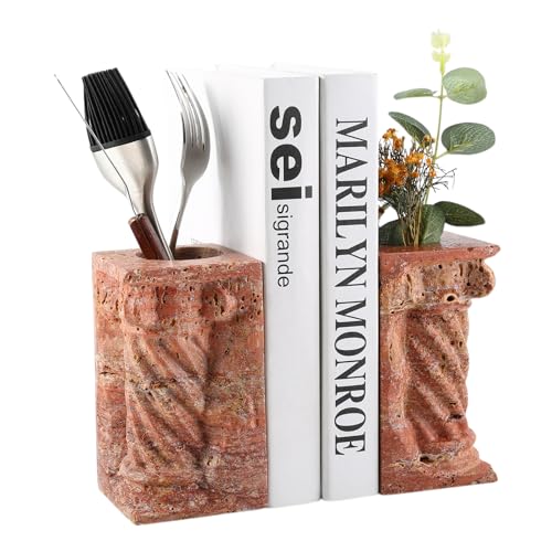 Decorative Roman Column Book Ends & Vase - Heavy Duty Marble Book Ends for Heavy Books, Vintage Home Office Decor, Dual Use as Flower Vase, Natural Stone Bookends for Shelves (2PC, Red) - style: Classical -Red