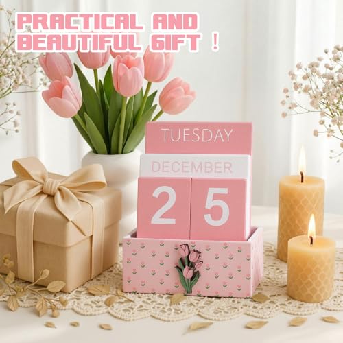 AceOrbit Pink Tulip Wood Block Perpetual Calendar Coquettish Desk Decor Cute Month Week Date Display Decorative Block Calendar for Women Office Home Desk Gift for Women - style: Pink Tulips