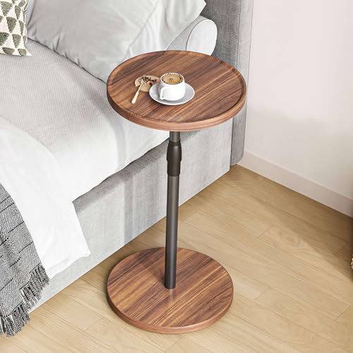 Adjustable End Table, Small Round Side Table, Drink Table for Small Spaces, Pedestal Nightstand for Living Room, Bedroom, Sofa Couch, Brown ET-010BR - color: Brown