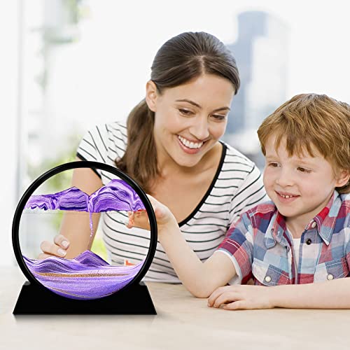 Herecanli Moving Sand Art Picture - 3D Quicksand Painting Decor - Round Glass 3D Deep Sea Sandscape - Relaxing Decoration for Home,Office,Desk,Mantle,Bookshelf,Room- (Purple, 7 in) - color: Purple, size: 7"