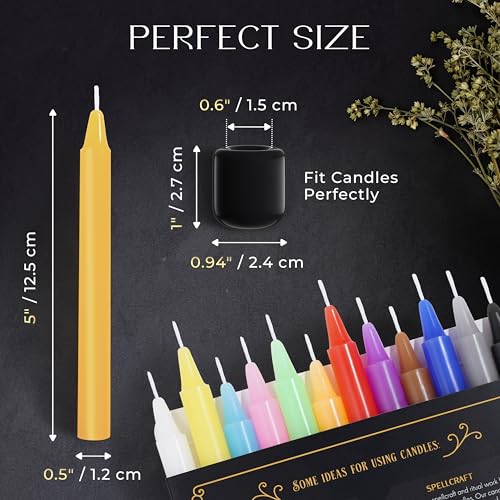 WYSPELL 36 Colored Spell Candles | 5" x 1/2" | Taper Candles Kit for Witchcraft & Decor | 6 Chime Candle Holders | Wiccan Supplies & Candlesticks Set