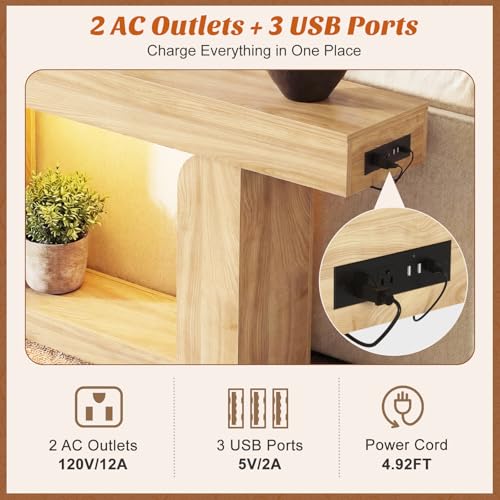 Homieasy Console Table, 63" Entryway Table with LED Lights & Charging Station, Farmhouse Wooden Sofa Table Behind Couch, Narrow Hallway Table for Living Room, Foyer, Entry, Natural Oak - color: Natural Oak, size: 63"