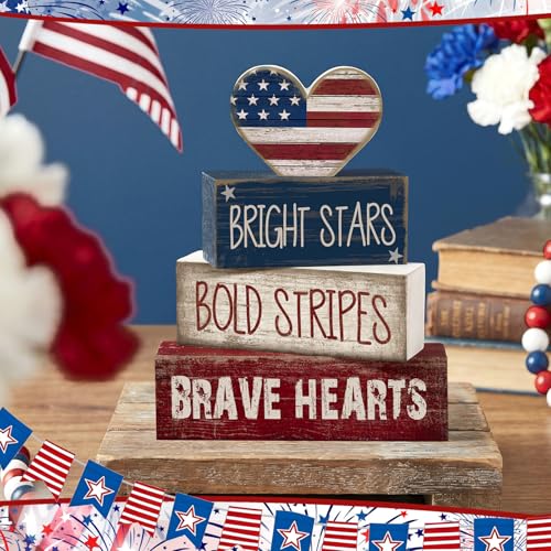CroBlissful 4 Pcs 4th of July Decorations Patriotic Memorial Day Tabletop Decorations Red White Blue Table Centerpieces Sign for Office Tiered Tray Home Shelf 250th Anniversary(Brave Heart) - style: Brave Heart