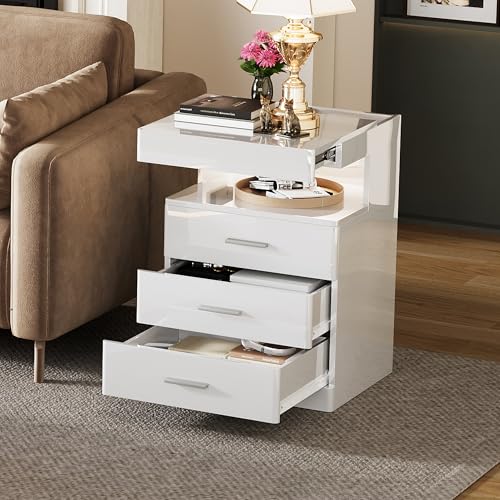 Treocho Led Nightstand with Hidden Space, Modern Night Stand with Charging Station, 3 Drawer Smart Nightstand with Glossy Finish, Tall Bedside Table with RGB Lights for Bedroom, White - color: White