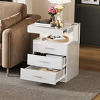 Treocho Led Nightstand with Hidden Space, Modern Night Stand with Charging Station, 3 Drawer Smart Nightstand with Glossy Finish, Tall Bedside Table with RGB Lights for Bedroom, White - color: White