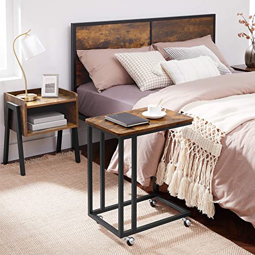 VASAGLE End Table, C Shaped TV Tray with Metal Frame Rolling Casters, Industrial Side Table for Living Room Bedroom, 19.7 x 13.8 x 23.6 Inches, Rustic Brown and Black - color: Rustic Brown + Black