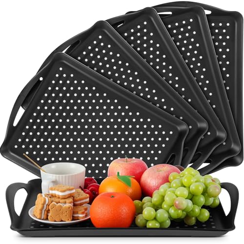 Uiifan 6 Pcs Non Slip Serving Tray with Handles 16.8 x 11.6 Inch Large Food Trays for Eating Breakfast Dinner Bed Snack Fruit Dessert Drink Beverage(Black)