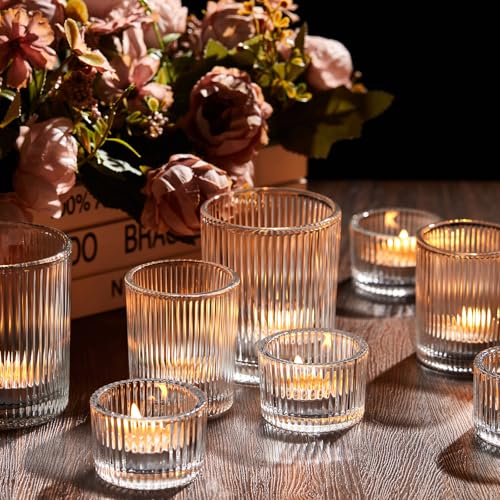 Mumufy 24 Pcs Assorted Votive Candle Holders Ribbed Glass Tealight Candle Holder Bulk for Table Centerpiece, Baby Shower, Home and Wedding Party Decoration (Clear) - color: Clear