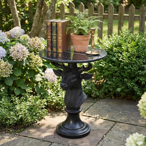 Modern Accent Table with Black Deer Sculpture Base, Minimalist Faux Marble End Table for Living Room Reception Area & Bedroom, 19.69 Inches Wide × 25.59 Inches High - color: Black Deer Statue Table