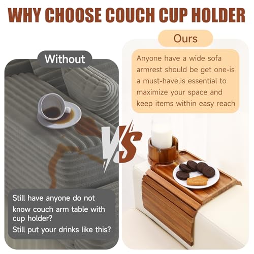 SINWANT Couch Cup Holder Tray,Acacia Wood Sofa Arm Clip on Tray Table with 360° Rotation Cup Holder,Foldable Anti-Slip Couch Armrest Table for Coffee Mug,Water Bottles,Snacks,Remote on Large Armrest - color: Acacia Wood