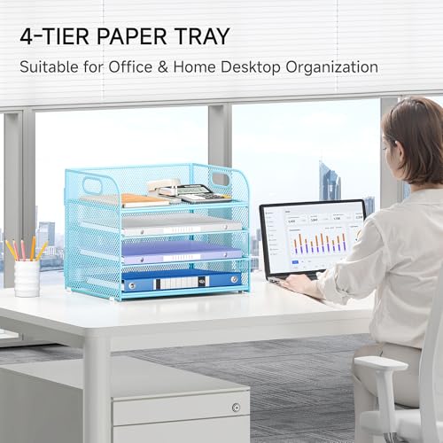 Lavatino 4-Tier Paper Organizer Trays - Blue Mesh File Folder Sorter with Handles, Desk Letter Holder Organizer for Office, Home, School Supplies Storage & Organization - color: 4 Tier - Blue