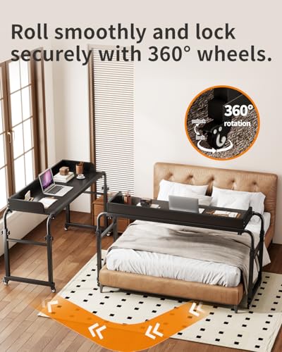 Saifu Overbed Table with Wheels,Adjustable Height & Length Laptop Desk for Bed,King & Queen Size Beds Bed Table,Rolling Standing Desk,Over Bed Table for Working Reading Eating,Black - color: Black