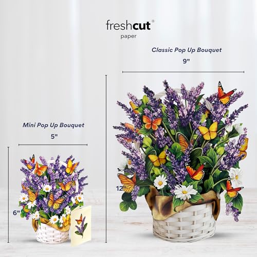 Freshcut Paper Pop Up Cards, Mini Lavender & Butterflies, 6 Inch Life Sized Forever Flower Bouquet 3D Popup Greeting Card, Birthday Cards, Thank You Card, Blank Notecard & Envelope - color: Lavender & Butterflies, size: Mini