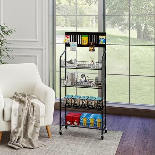 4-Tier Metal Display Rack Large Snack Shelving Unit with Hanging Panels and 12 Hooks 4 Casters for Easy Mobility Freestanding Display Unit Ideal for Supermarkets and Retail Stores (55H*23.68W*10.4D) - size: 55H*23.68W*10.4D