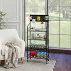 4-Tier Metal Display Rack Large Snack Shelving Unit with Hanging Panels and 12 Hooks 4 Casters for Easy Mobility Freestanding Display Unit Ideal for Supermarkets and Retail Stores (55H*23.68W*10.4D) - size: 55H*23.68W*10.4D