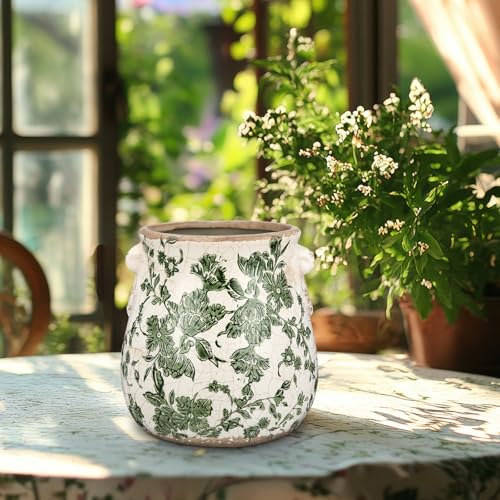 Ceramic Green Scroll Planter 6.5 Inch Chinoiserie Floral Vase with Drainage Holes Vintage Flower Vase Flower Pot Rustic Ceramic Pots for Indoor Plants Flowers Garden Home Bookshelf Decor - style: Green Floral