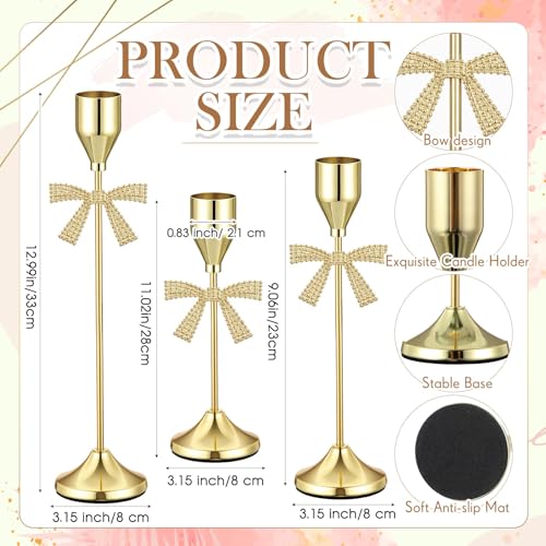 Ceenna 3 Pcs Gold Bow Candle Holders, 3 Size Gold Bow Candlestick Holders, Taper Candle Holder Vintage Decorative for Table Centerpiece Mantel Decor Holiday Housewarming Gifts - style: Bow