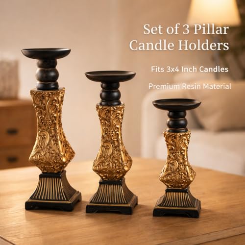 Ornate Resin Pillar Candle Holders Set of 3 Baroque Gothic Decorative Candlesticks in Black & Gold (8", 10", 12") for Home Decor, Weddings & Centerpieces