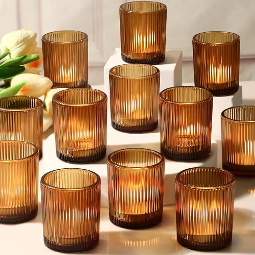 24 Pack Amber Votive Candle Holders Thanksgiving Decor, Glass Small Tea Lights Candle Holders for Table Centerpiece for Home Decor Party Fall Boho Decor(24,Amber) - color: Amber