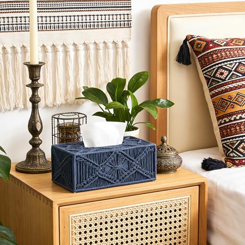 Woven Macrame Boho Tissue Box Cover Rectangular for Home Decor,Resin Heavy Woven Tissue Box Holder for Bathroom Kitchen Countertop,Bedroom, Vanity, Night Stand, Office, Waterproof Durable (Blue) - color: Boho Blue