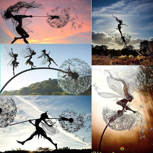 Fcteap Flower Fairy Dancing with Dandelion Garden Art Sculpture Stainless Steel Statue Christmas Halloween Decoration for Outdoor Yard Courtyard Lawn Patio Metal Ornaments (Three Persons) - style: Three Persons