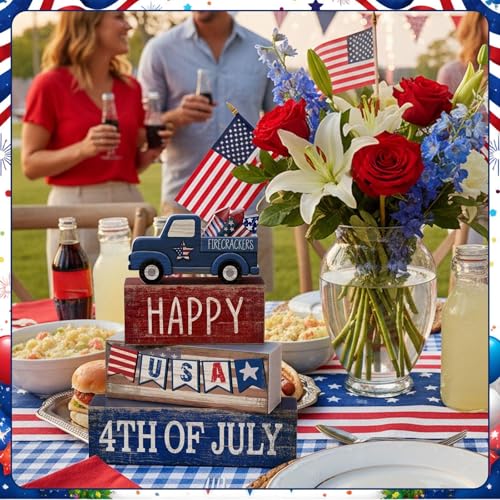 CroBlissful 4 Pcs 4th of July Decorations Patriotic Memorial Day Tabletop Decorations Red White Blue Table Centerpieces Sign for Office Tiered Tray Home Shelf 250th Anniversary(Happy Usa) - style: Happy Usa