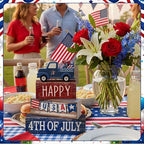 CroBlissful 4 Pcs 4th of July Decorations Patriotic Memorial Day Tabletop Decorations Red White Blue Table Centerpieces Sign for Office Tiered Tray Home Shelf 250th Anniversary(Happy Usa) - style: Happy Usa