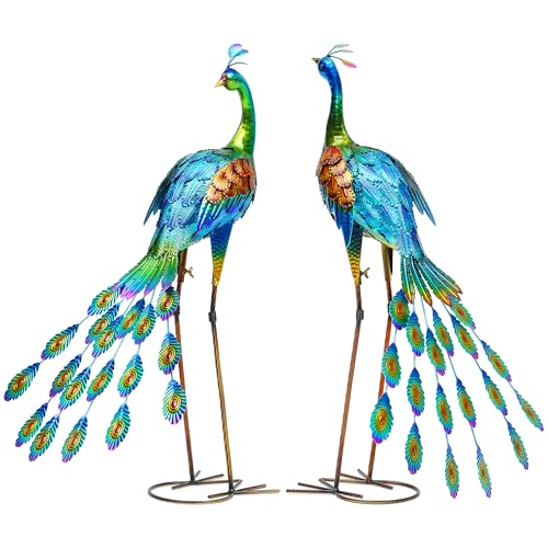 32" Oversized Peacock Decor Set of 2, Hand-Painted Metal Yard Art, Weatherproof Outdoor Garden Statues & Sculptures for Lawn, Flower Beds, Patio, Backyard or Indoor Kitchen & Home Decor - color: 32" -Green+brown