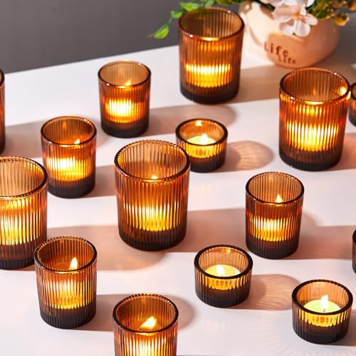 Mumufy 48 Pcs Assorted Votive Candle Holders Ribbed Glass Tealight Candle Holder Bulk for Table Centerpiece, Baby Shower, Home and Wedding Party Decoration (Amber) - color: Amber