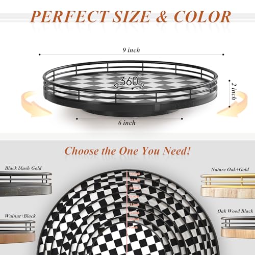 Black and White Kitchen Lazy Susan Turntable – Checkered Round Decorative Tray, 9" Table Top Oak Wood Lazy Susan for Cookies, Dining Table Organizer, Small Kitchen Table Centerpiece - color: Black & White, size: 9 inches