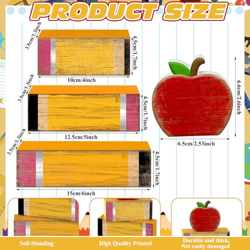 Lineshading 4 Pcs Back to School Table Decorations Retro Red Apples Decor Back to School Tiered Tray Decor Apple Centerpieces Rustic Wood Pencil Block Stack Sign Farmhouse Gifts for Home Shelf Mantel - style: Apple