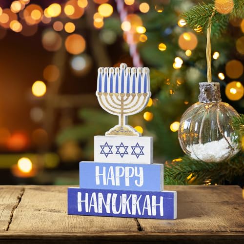 Smile Hanukkah Wood Decoration Set Hanukkah Sign and Blocks Farmhouse Decor Rustic Menorah Hexagram, Party Supplies Gifts Festive Holiday Centerpiece and Table Decoration - style: Hanukkah