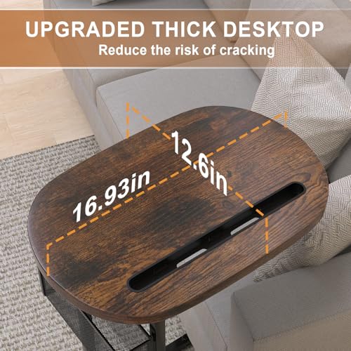 Fashion TV Tray Table with Large Tabletop, Adjustable Sofa Table with Storage Baskets, Strong Metal Frame, Tv Dinner Tray Table for TV Watching, Meals, Snacks (Oval, Brown, 16.93inch x 12.6inch)