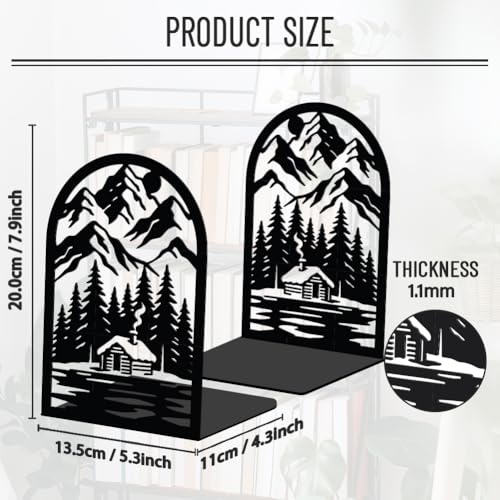 WADORN 1 Pair Mountain Scenery Decorative Bookends, Forest Cabin Heavy Duty Metal Book Ends Rustic Non-Skid Black Book Stopper for Bookshelf Library Home Office Dorm Back to School, 5.3x4.3x7.9 Inch - color: Mountain Scenery