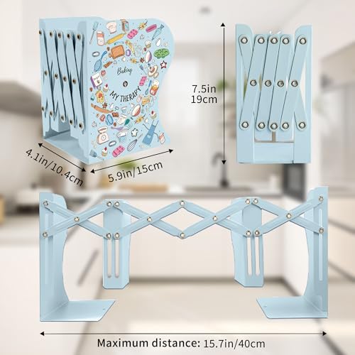 Cookbook Bookends, Kitchen Bookends, Adjustable Metal Book Ends for Shelves Decorative, Unique Design for Heavy Books, Non-Skid Book Holder for Kitchen Housewarming Cooking Lover Gifts (Blue 1) - color: Blue 1