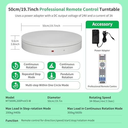 Super Heavy Duty Remote-Controlled Motorized Turntable,Motorized Rotating Display Stand,Speed-Adjustable Rotating Platform,Human 3D Scan Electric Turntable for Scan,Showcase(19.7in/White) - size: 19.7inch/White/700Lbs Load