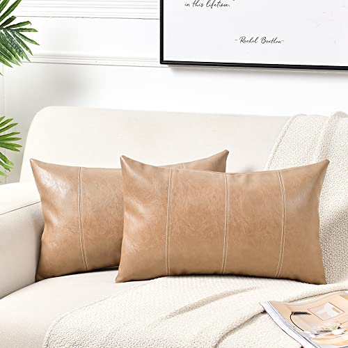 Fancy Homi 2 Packs Tan Lumbar Waterproof Faux Leather Decorative Throw Pillow Covers 12x20 Inch for Outdoor Couch Bed, Beige Hand Stitched Cushion Case 30x50 cm, Taupe Modern Farmhouse Home Decor - color: Tan, size: 20" x 12" (Pack of 2)