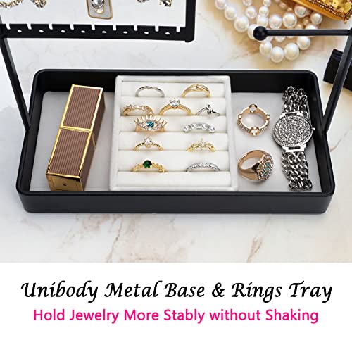 Jewelry Organizer, 4-Tier Earring Holder Organizer with Metal Tray, Jewelry Holder Stand for Necklaces Stud Earrings Bracelets and Rings, Earring Organizer - color: Black