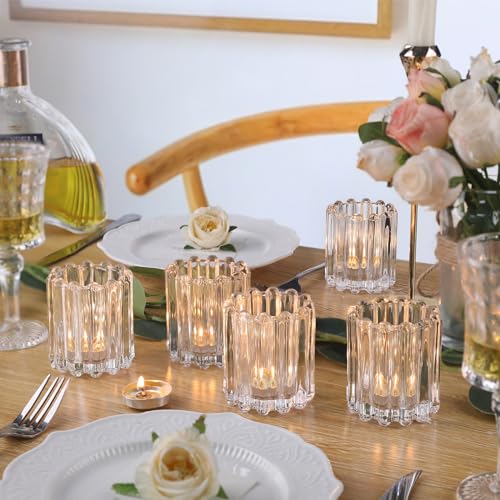 HAVITI Glass Clear Votive Candle Holder, Ribbed Votive Candle Holders Set of 6, Tealight Candle Holder for Wedding Centerpieces Dinner Party Table Decor - color: Clear
