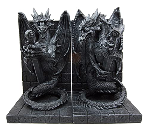Ebros Gothic Excalibur Sword Guardian Dragon Pair Bookend Set of Two Figurine Faux Stone Sculpture As Renaissance Medieval Fantasy Decor Ancient Serpent Drake Creature for LOTR GOT Fans