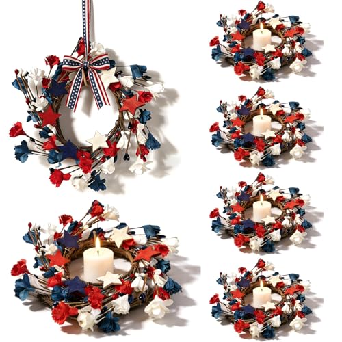 6 Pcs Mini 4th of July Candle Ring Wreaths Patriotic Red White and Blue Artificial Pillar Candle Holder Wreath for Farmhouse Independence Day Memorial Day Porch Front Door Cabinets Table Decoration - color: 4th of July