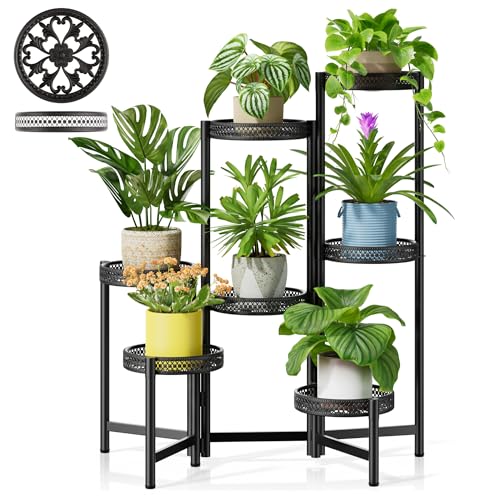 7 Tier Large Metal Plant Stand Indoor Outdoor with 7.9 Inch Wide Tray, Tiered Corner Plant Stand, Flower Display Holder Shelf, Folding Tall Rack for Patio Porch Balcony Living Room Garden - BlackWave - color: BlackWave, size: 7-Tiers