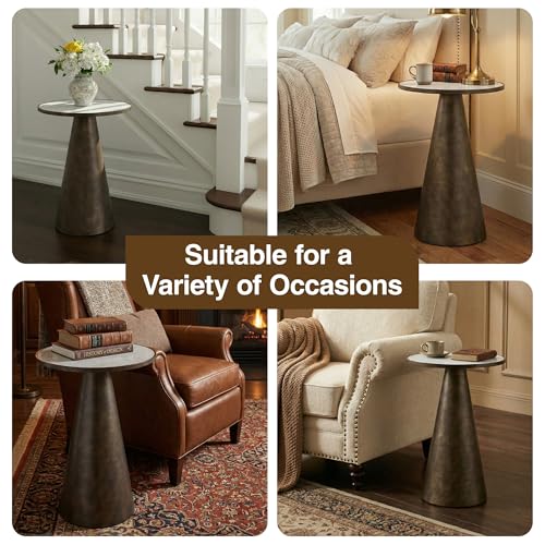 Hyfirm Antique Brass Pedestal End Table with Faux White Marble Top, 16x16x23 Round Drink Table for Living Room, Vintage Industrial Metal Side Stand for Couch & Accent Chairs in Small Spaces