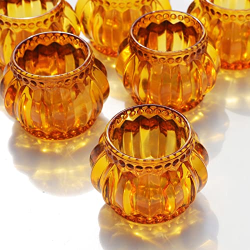 Woho Amber Tealight Candle Holder Set of 6, Tea Lights Candle Holder for Wedding Table, Glass Candle Holders Bulk for Home Decor - color: Amber
